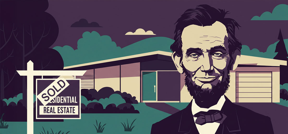 Abe Lincoln standing in front a recently sold house