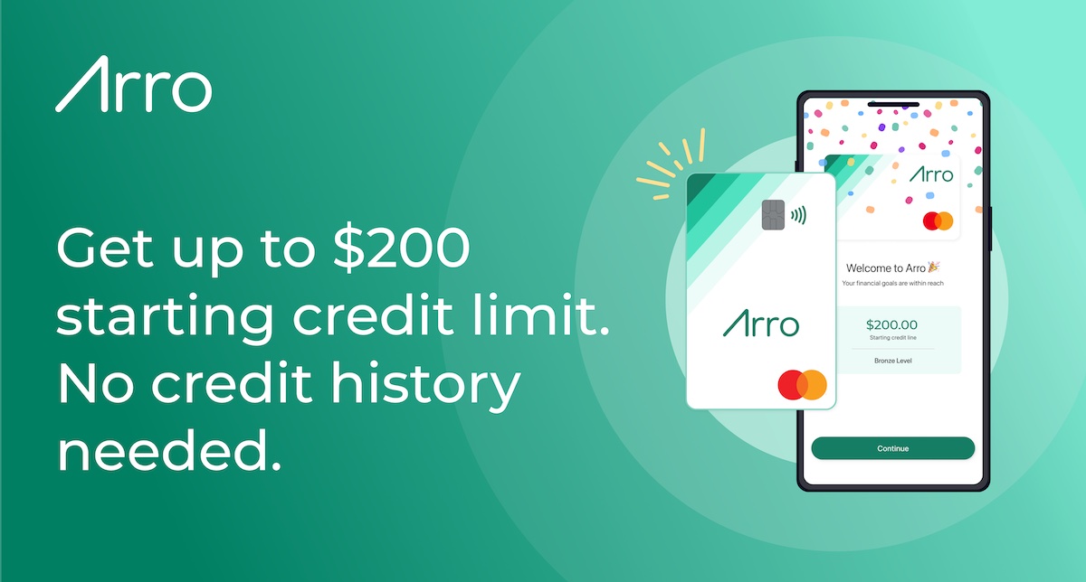 A banner that reads: Arro - Get up to $200 starting credit limit. No credit history needed.