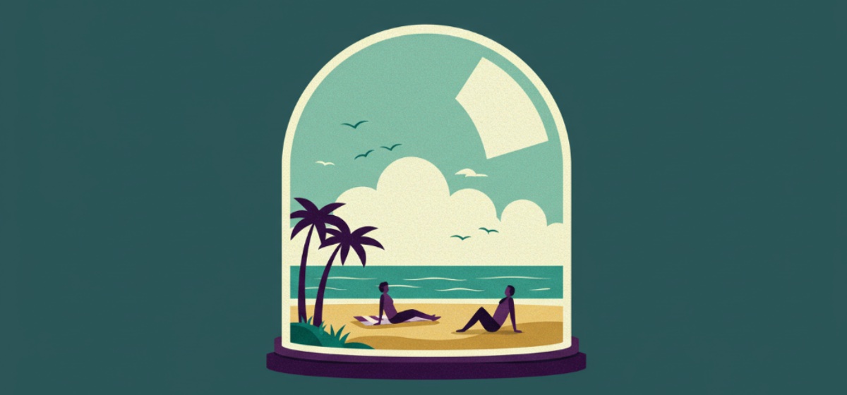 a beach in a glass dome (like a snow globe)