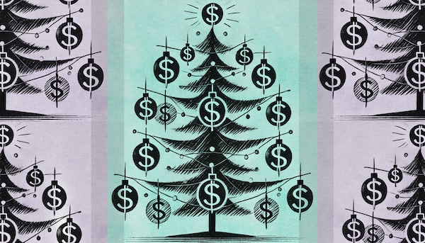 A Christmas tree decorated with ornaments shaped like dollar symbols to signify affordable holiday decor