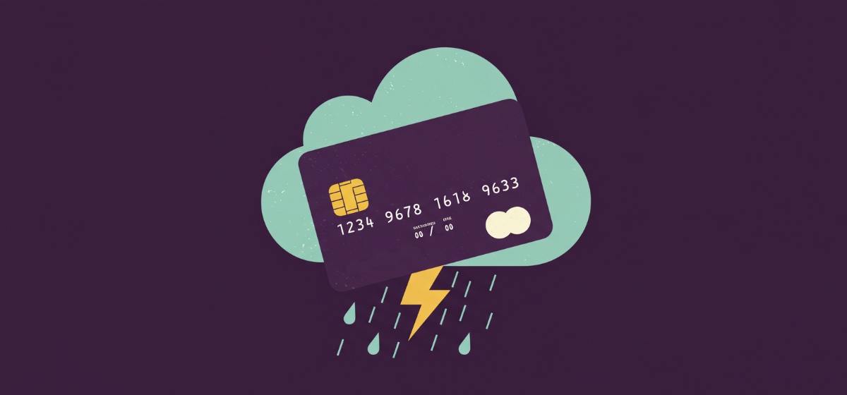 a credit card stylized as a storm cloud with rain and thunder