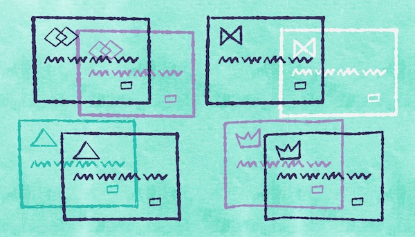 An illustration of four credit cards, each one paired with a comparable twin card, arranged in a 2x2 grid