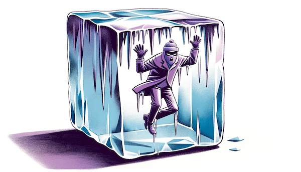 A scammer frozen in a cube of ice