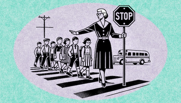 Children on a cross walk with their teacher holding a stop sign making traffic wait.