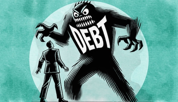 A person confronting a debt monster