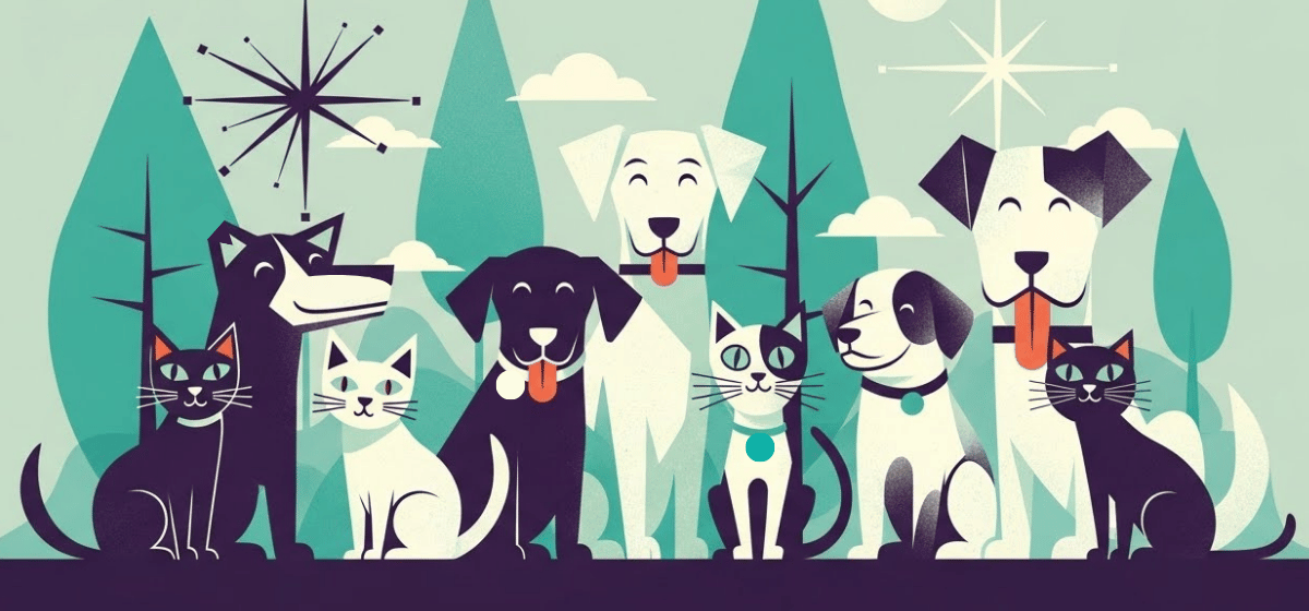 A group of happy dogs and cats