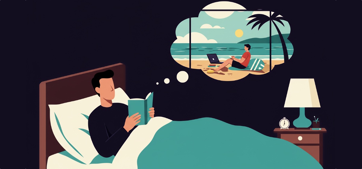 a person reading in bed, dreaming of remote work locations
