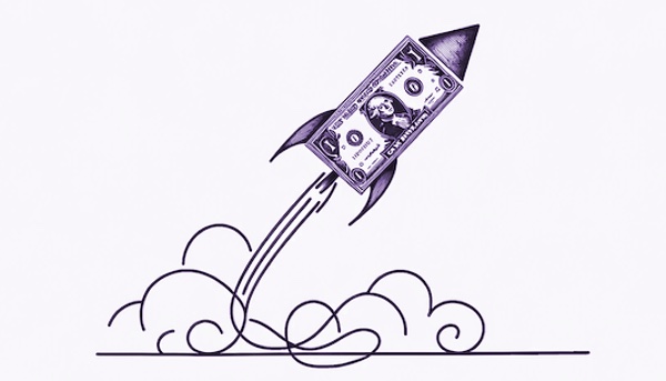 a rocket shaped like a dollar bill taking launch