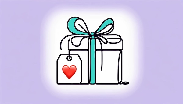 A gift with a price tag that shows a heart emoji instead of a cash price