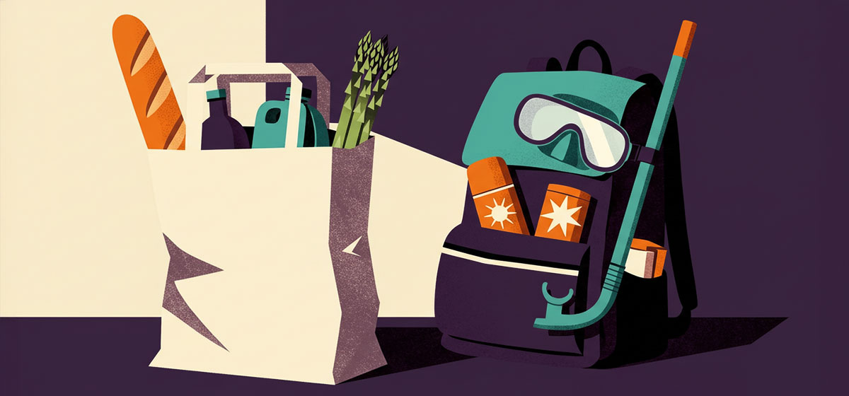 groceries next to travel gear