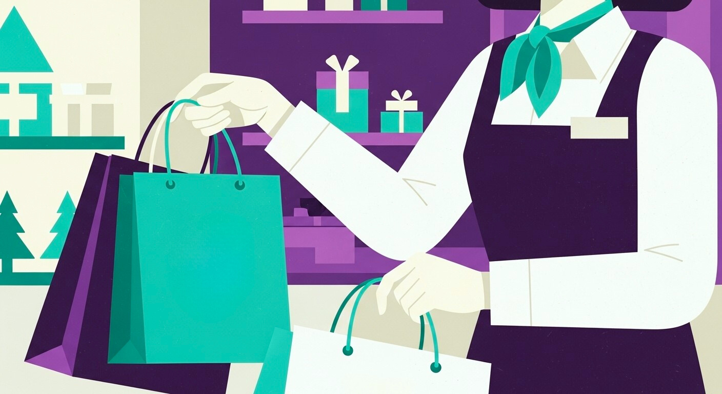 A retail clerk handing shopping bags to a customer