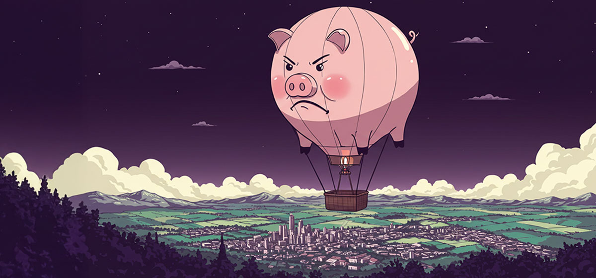 Angry piggy bank is a hot air balloon