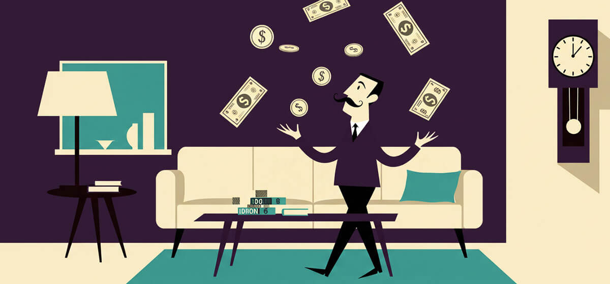 a man juggling coins and cash