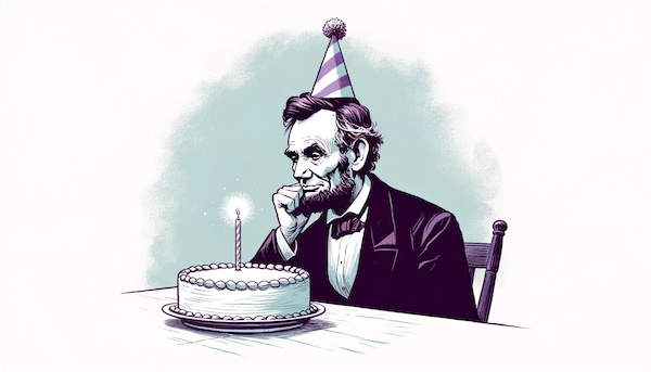 Abraham Lincoln looking wistfully at a birthday cake with a single candle