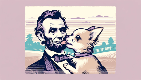 Abraham Lincoln getting a kiss from his chihuahua 