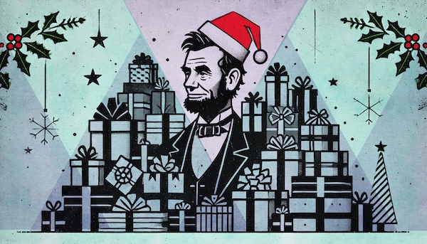 Abraham Lincoln wearing a Santa hat surrounded by a mountain of Christmas gifts