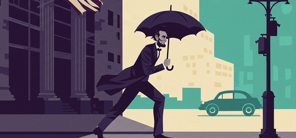 Lincoln carrying an umbrella in a storm