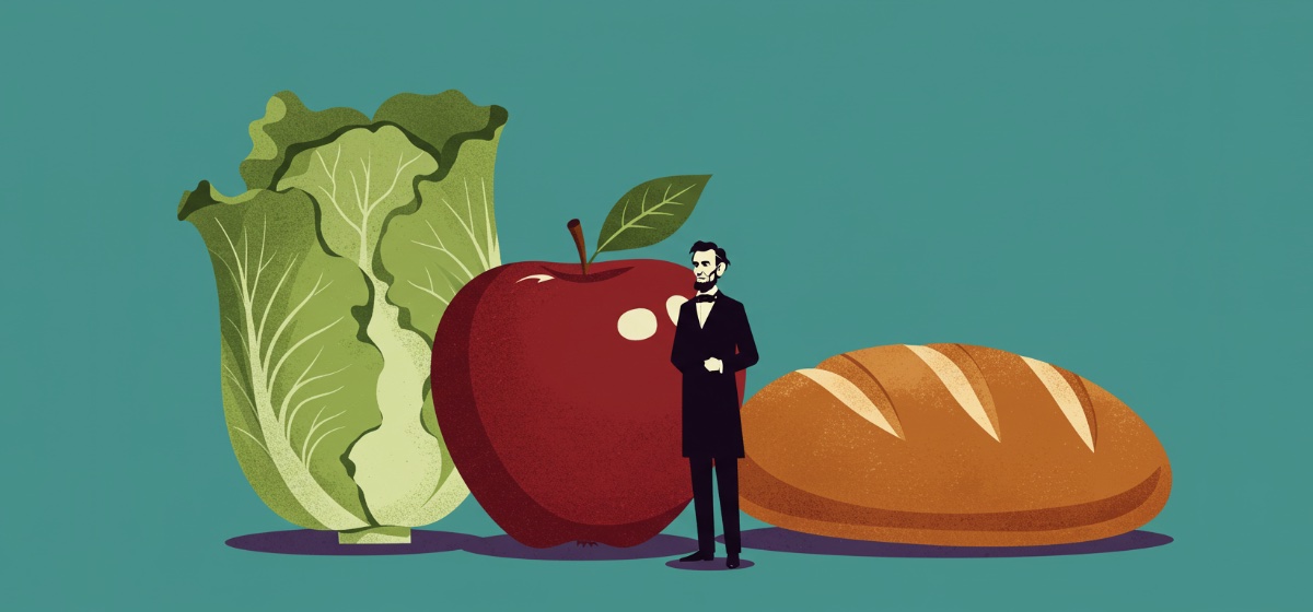 Abe Lincoln standing next to huge groceries