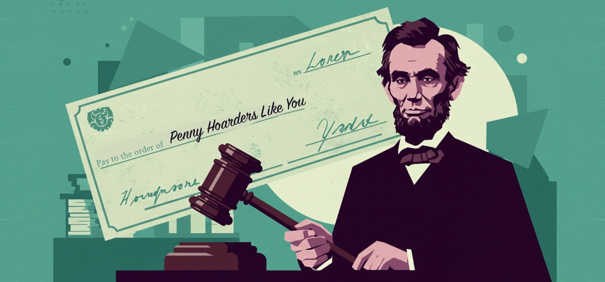 Abe Lincoln as a judge with a gavel and a big payout check in the background
