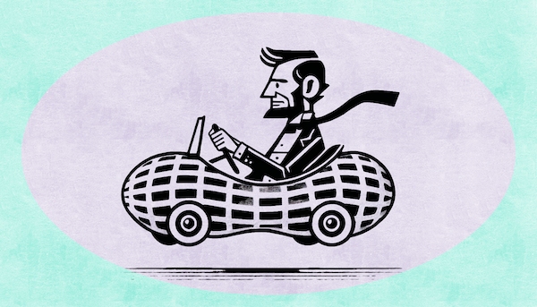 Abe Lincoln driving a peanut mobile