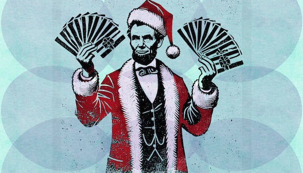 Abraham Lincoln dressed as Santa fanning out a wide variety of gift cards in each hand