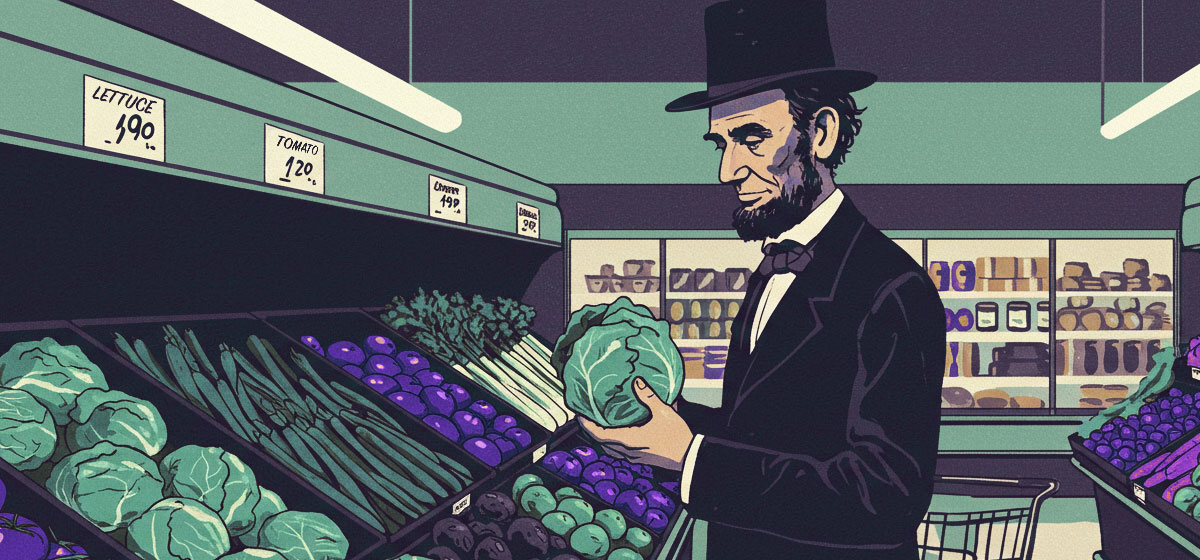 Lincoln grocery shopping holding a cabbage.