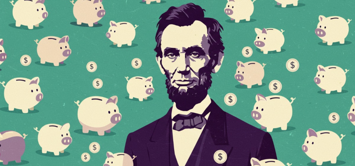 Lincoln surrounded by piggy banks