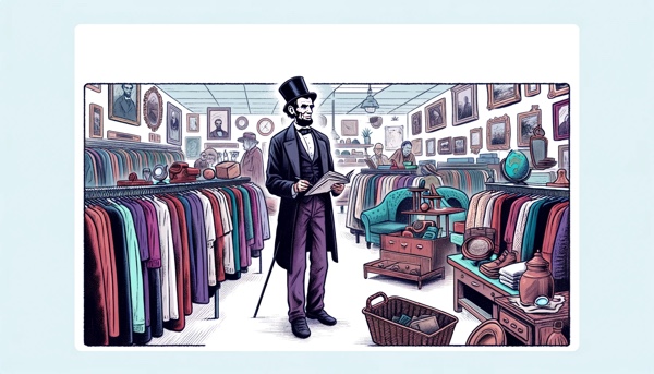 Lincoln browsing a sale with used items.