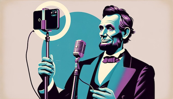 Lincoln with ring light and mic, recording content.