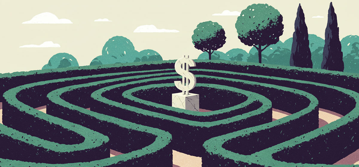 a maze with a statue of a dollar sign at the center
