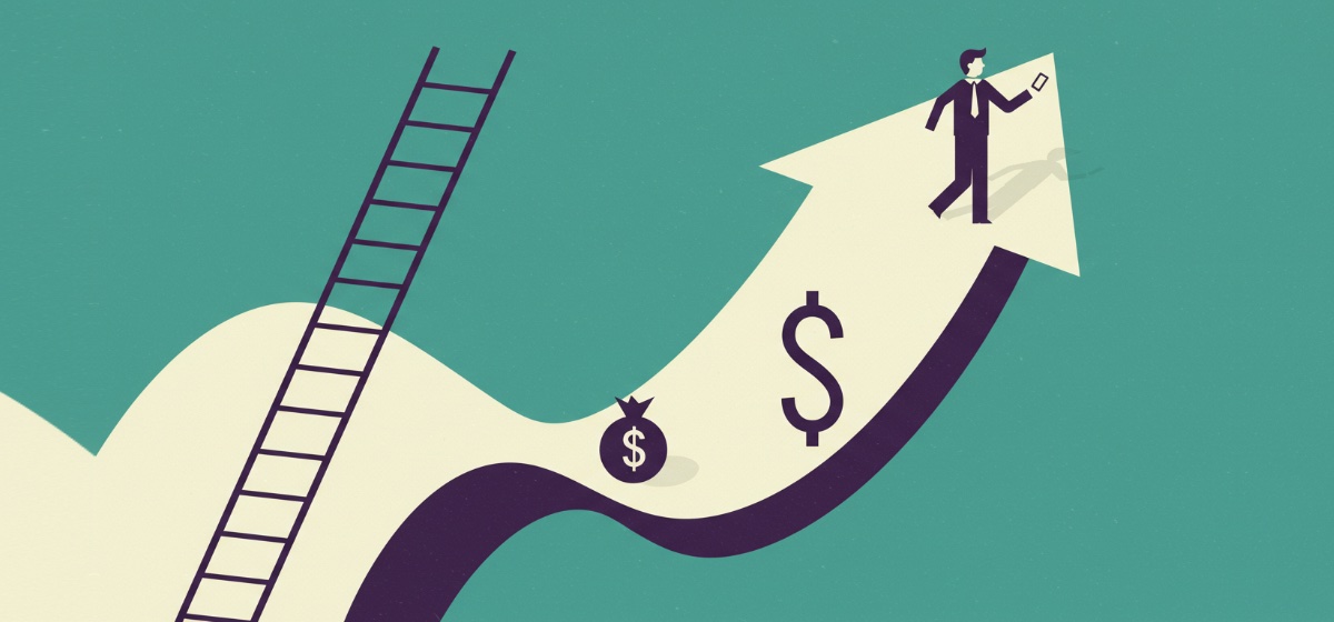 a person climbing a ladder onto an upward arrow decorated with dollar bill symbols