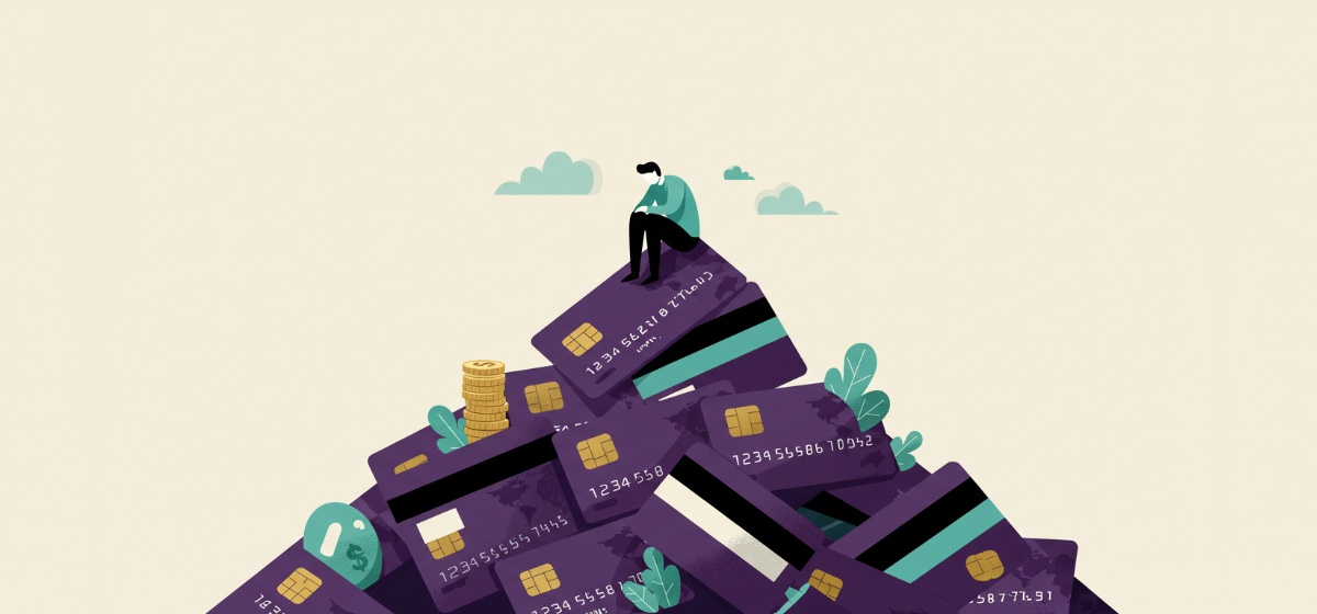 person sitting atop a pile of credit cards