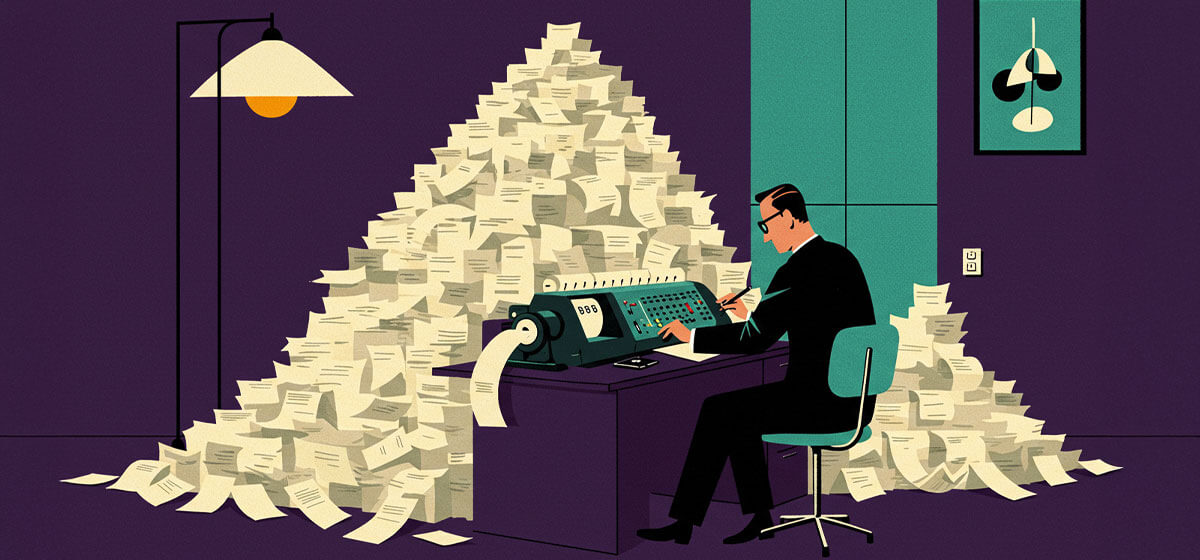 a man sorting through a mountain of bills