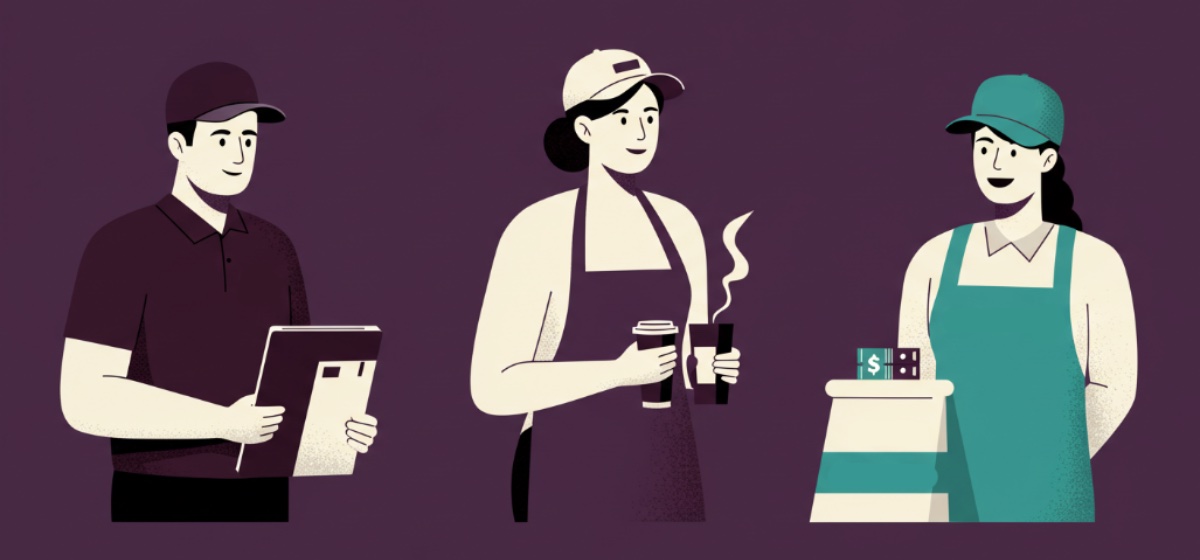 a delivery person, a barista, a store greeter