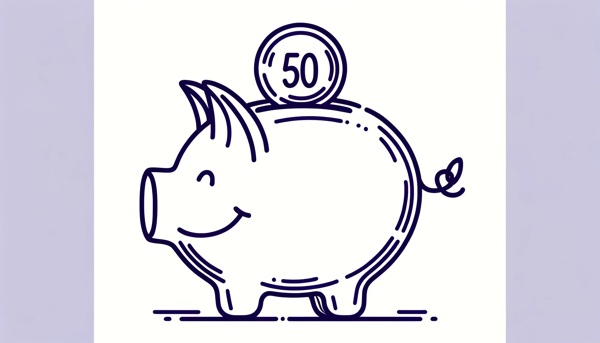 A happy piggy bank receiving a coin showing the number 50