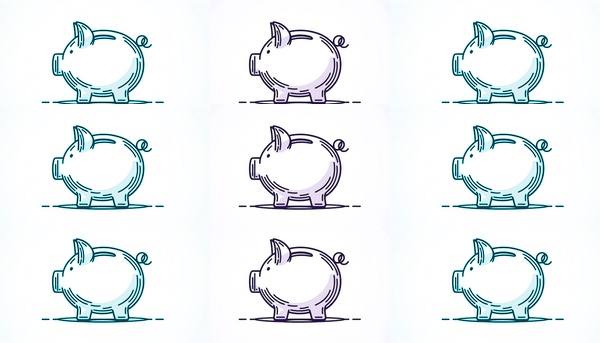 An illustration of 9 piggy banks arranged in a 3x3 grid in a variety of colors