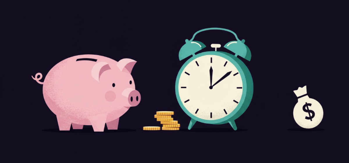 a piggy bank next to an alarm clock
