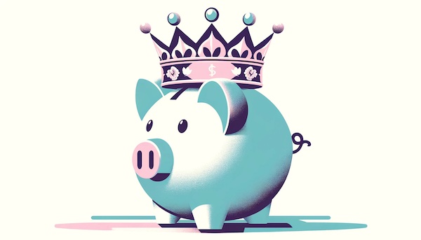 A piggy bank wearing a crown