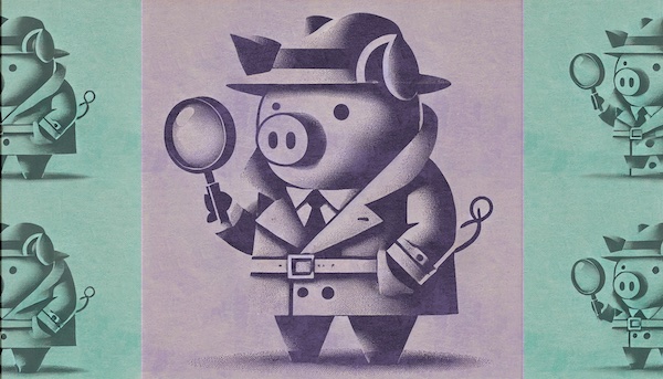 A piggy bank dressed as a detective with a fedora, trenchcoat and magnifying glass