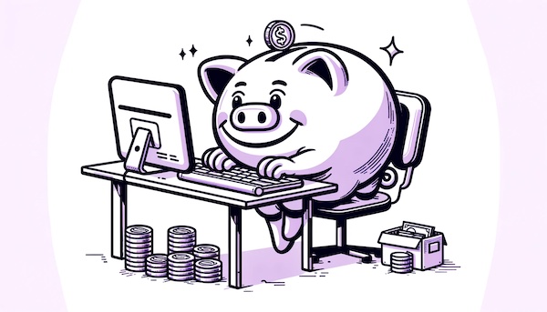 A cartoon piggy bank using a computer to sell coupons online