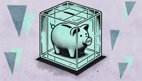 An illustration of a piggy bank frozen and suspended in an ice cube