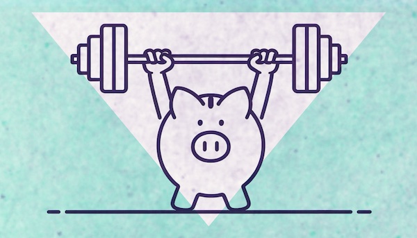 An illustration of a piggy bank lifting a barbell