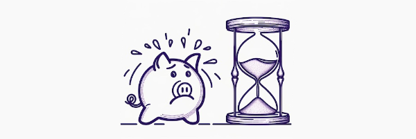 a piggy bank sweating with anxiety as it looks at an hourglass running out of time