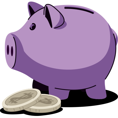 a piggy bank with coins at its feet