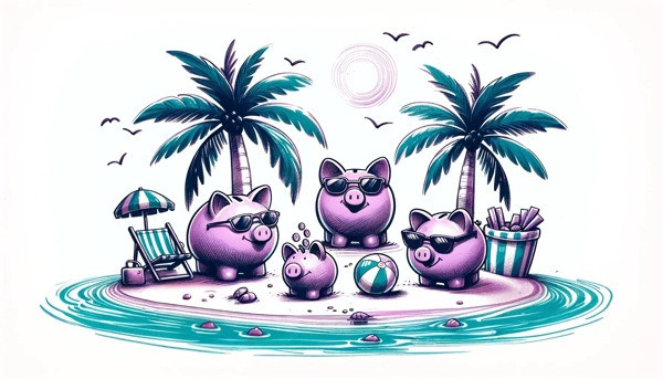 A family of piggy banks enjoying a vacation on an island beach