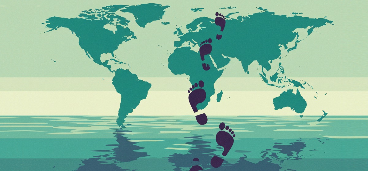a map of the world with footprints across it