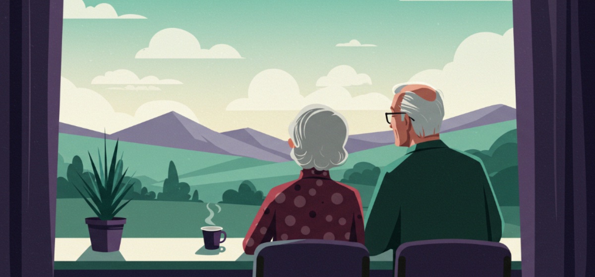 a retired couple gazing out the window at a lovely horizon