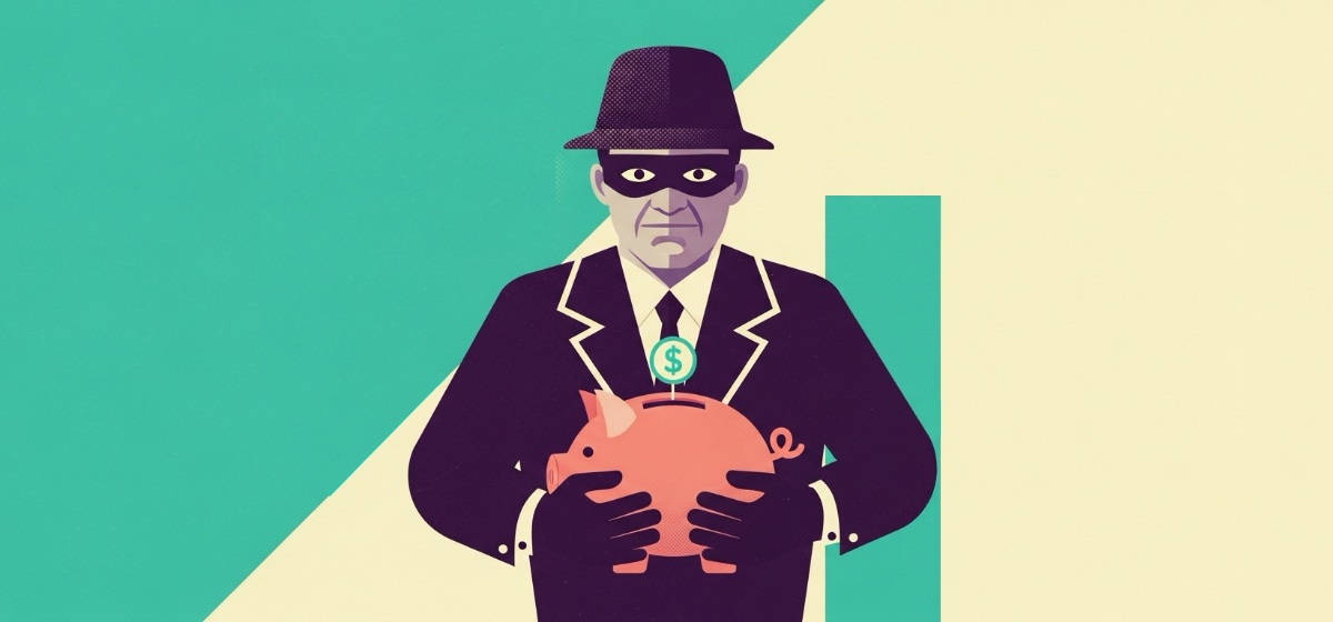 a robber clutching a piggy bank 