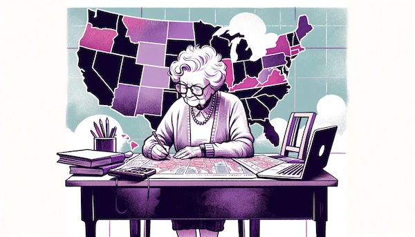 An elderly woman calculating her retirement savings in front of a map of the U.S.