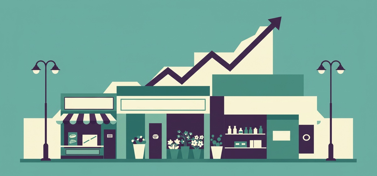 a row of storefronts with a trend line in the background moving up and to the right